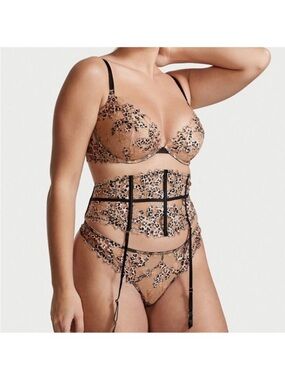 Victoria's Secret Nude & Black Embroidered Lace Bra, Garter & Brief Set